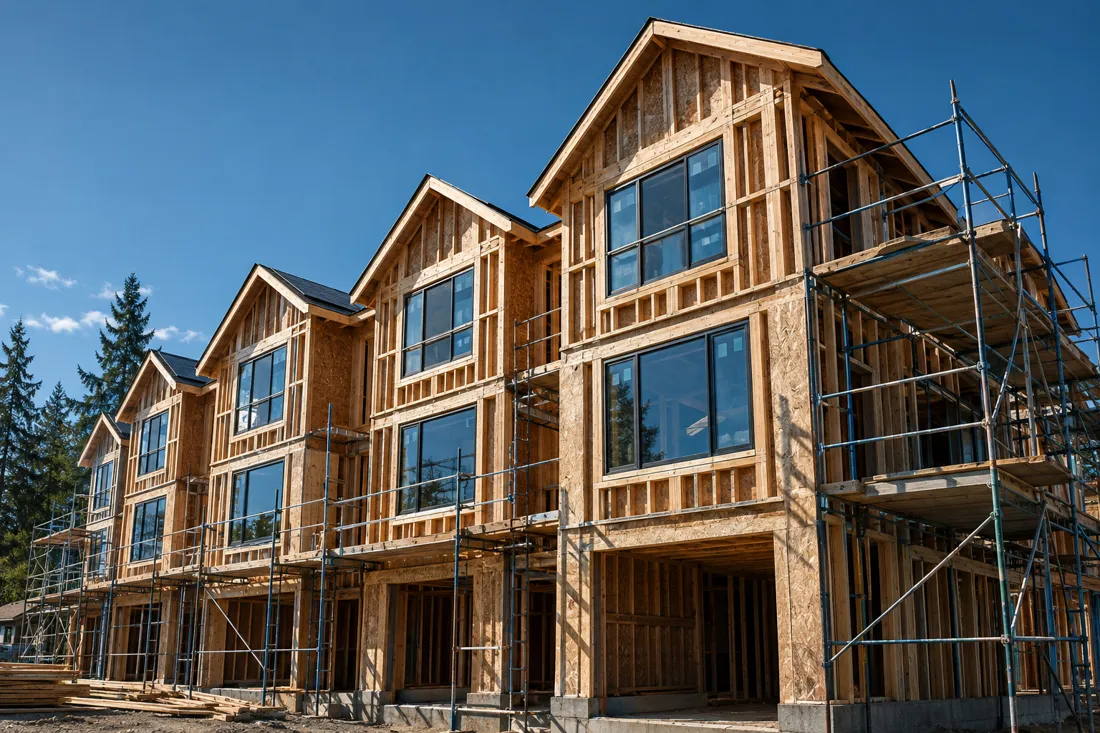 Wood-framed new construction townhomes with scaffolding under a blue sky