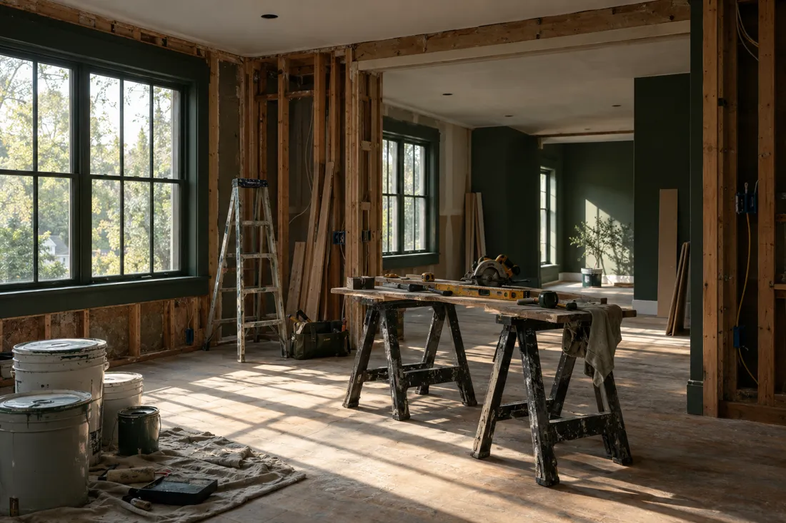 Interior of a house mid-renovation with exposed studs and tools on sawhorses